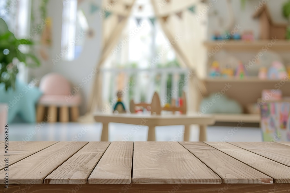 Product presentation on wooden table in children s room with kids toys against a blurred background Product presentation on wooden table in children s room with kids toys against a blurred background