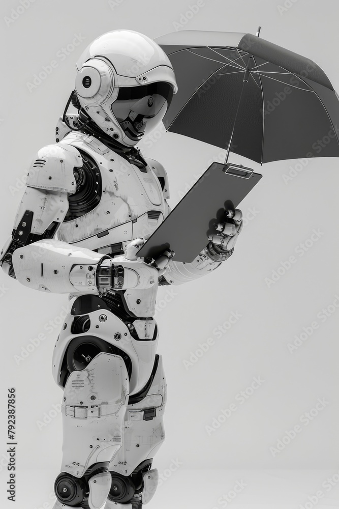 Fototapeta premium Futuristic robot holding umbrella and smart device