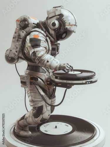 Astronaut dj mixing music on turntable
