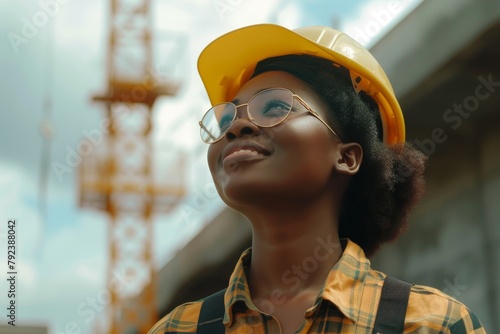 Proud and satisfied black female engineer or manager working on a construction project