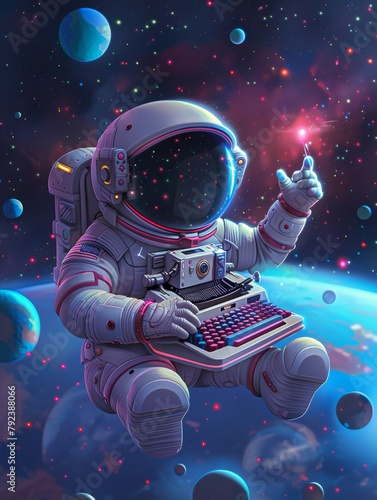 Cosmic typist - astronaut with vintage typewriter in space
