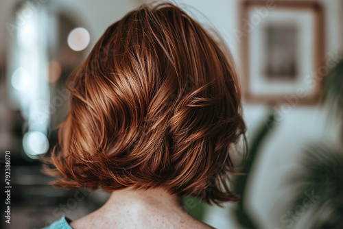 A woman with red hair has her hair styled in a bob