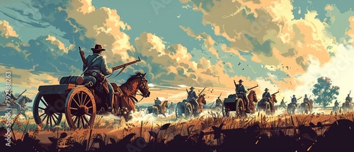 Detailed vector illustration of a historical battlefield reenactment, with soldiers in period uniforms, cannons, and a sense of dynamic action and historical accuracy photo
