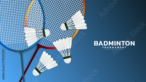 Badminton racket with white badminton shuttlecock n blue background ,vector sports illustration poster or banner style, illustration Vector EPS 10