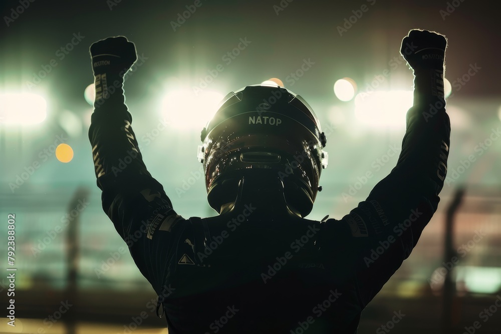 Naklejka premium Race car driver celebrates victory in slow motion against stadium lights