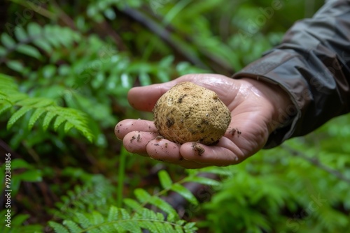 Rare white truffle mushroom found in forest held in hand