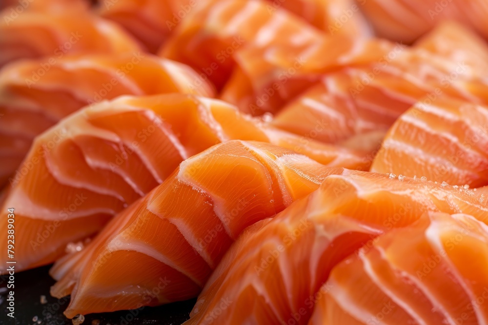 Raw slices of salmon fillet exhibiting close texture Raw slices of salmon fillet exhibiting close texture
