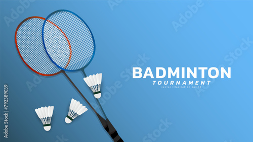 Badminton racket with white badminton shuttlecock n blue background ,vector sports illustration poster or banner style, illustration Vector EPS 10