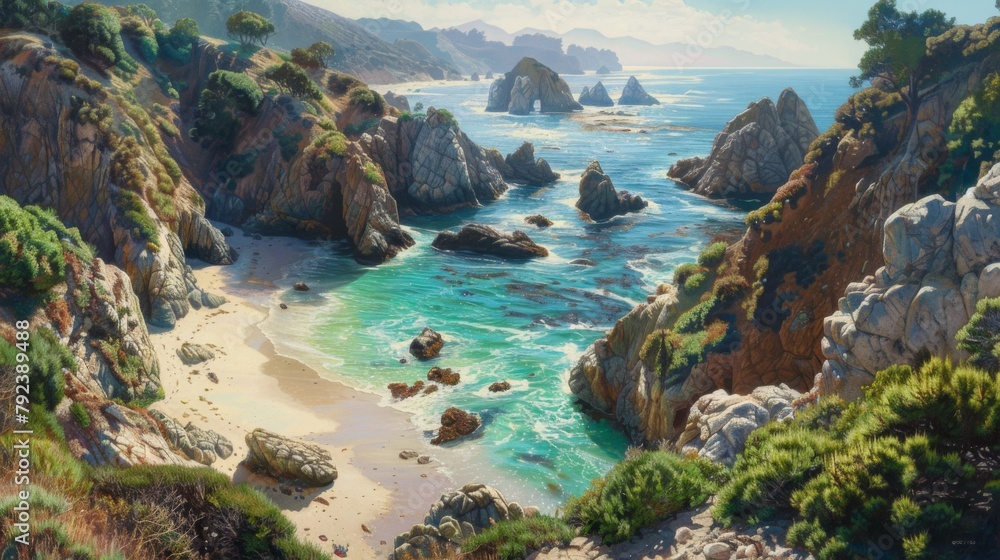 A secluded beach cove framed by rocky cliffs, with crystal-clear waters of the Pacific lapping against the sandy shore.