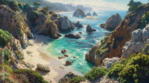 A secluded beach cove framed by rocky cliffs, with crystal-clear waters of the Pacific lapping against the sandy shore.