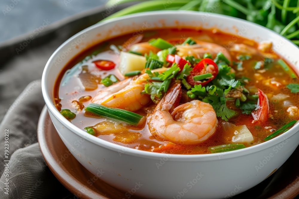 Spicy soup with mixed vegetables and shrimp in a white bowl reflecting Thai cuisine s health consciousness