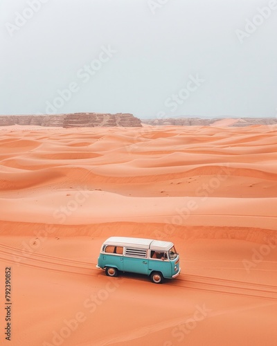 Lone van traveling through the desert, capturing the essence of adventure and the spirit of nomadic travel