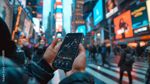 A smartphone displaying real-time stock quotes in a busy city setting photo