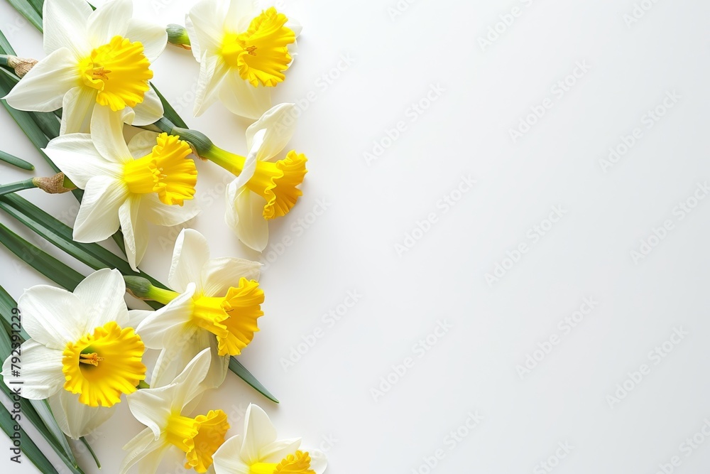 Obraz premium Spring floral border with fresh daffodils isolated on white background focusing on Mother s Women s Easter Wedding Day concept