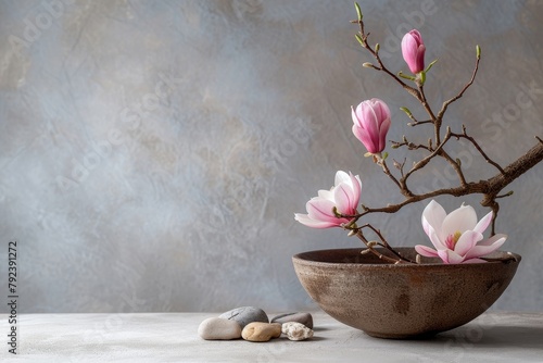 Spring ikebana floral arrangement with magnolia and plum branch flowers in a brown bowl on a grey table representing Japanese home decor