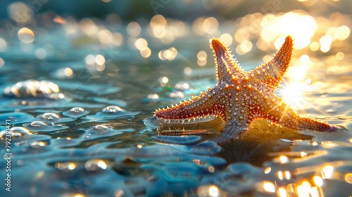 A solitary starfish basking in the warm glow of sunlight filtering through the water