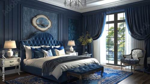 Luxurious bedroom in modern style with rich blue decor, providing an elegant and tranquil escape