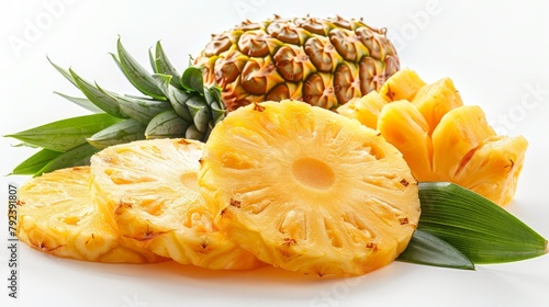 Pineapple slices with leaves, pineapple split, cut pineapple