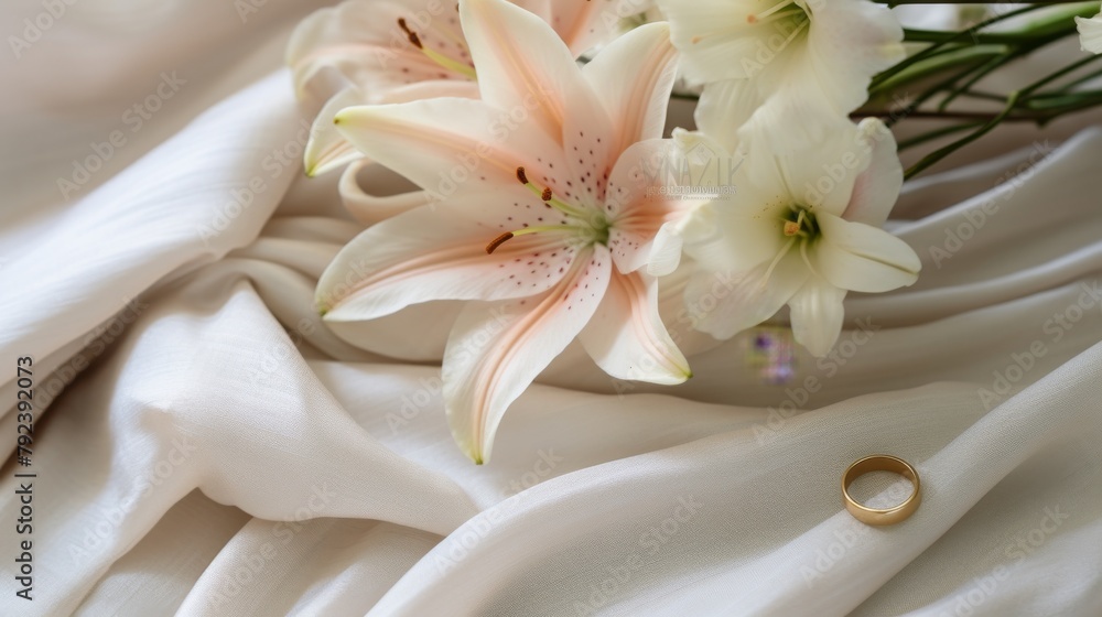 A delicate arrangement of stack rings featuring soft white lilies, set on a gently textured linen fabric for a subtle, elegant look A delicate arrangement of stack rings featuring soft white lilies, set on a gently textured linen fabric for a subtle, elegant look