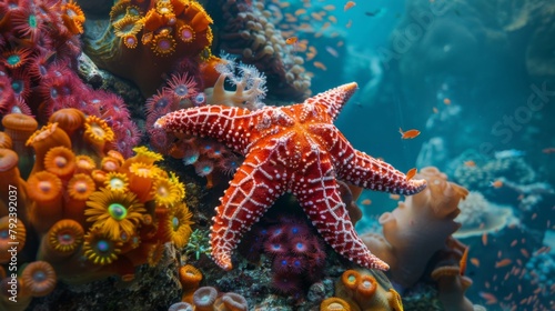 A starfish clinging to a vibrant coral formation, adding pops of color to the reef © Plaifah