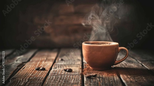 A steaming cup of freshly brewed coffee on a rustic wooden table, with aromatic steam rising invitingly from the dark brew. photo