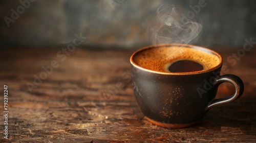 A steaming cup of freshly brewed coffee on a rustic wooden table, with aromatic steam rising invitingly from the dark brew.