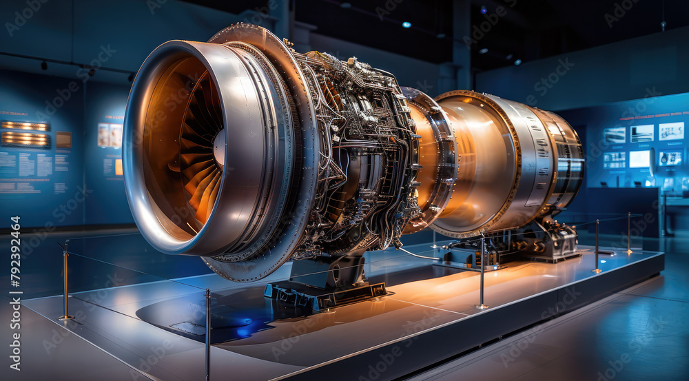 Cross-section of a jet engine profile, educative exhibition. Generative AI.