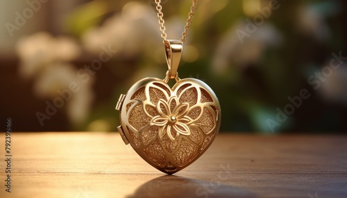 Womans neckline adorned with a sentimental antique gold locket pendant with an orchid, captured in a warm, inviting indoor setting