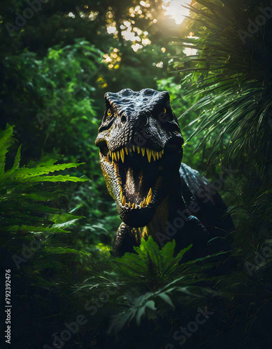 Tyrannosaurus rex que sale del interior de un bosque del jurásico © Antonio ciero