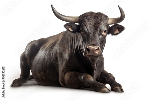 A bull is laying down on a white background photo