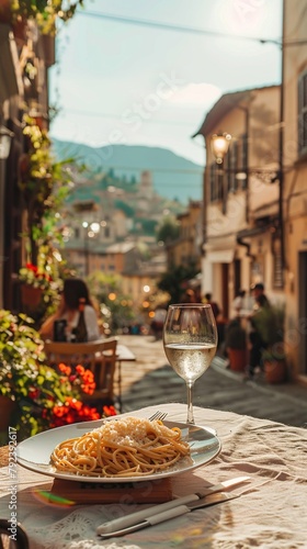 A plate of pasta with a glass of wine on a table in a city street