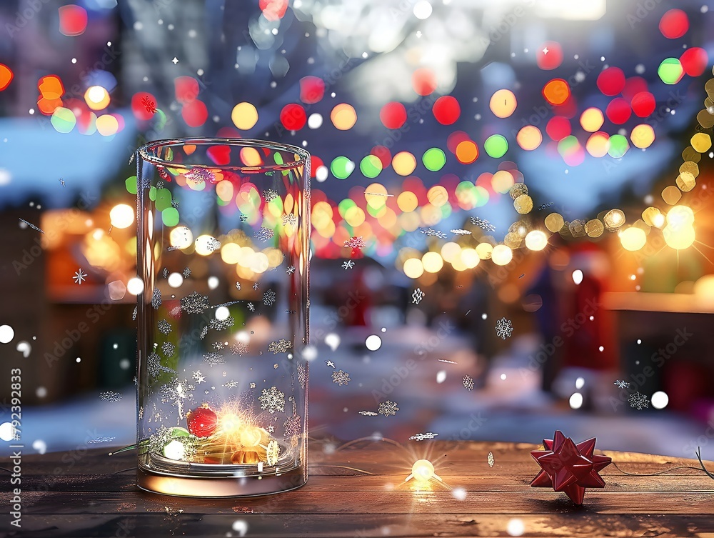 Enchanted Glass Stand Mockup in a Charming Christmas Market with Twinkling Lights and Swirling Snowflakes