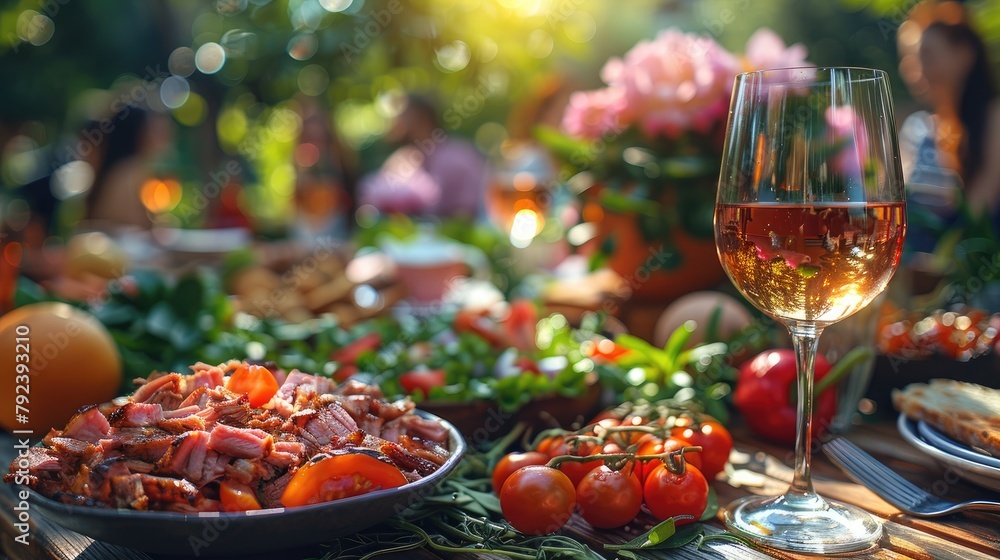 backyard dinner table have a tasty grilled bbq meat salads and wine with happy joyful people on background,art illustration backyard dinner table have a tasty grilled bbq meat salads and wine with happy joyful people on background,art illustration