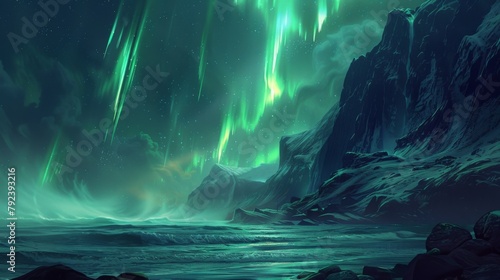A tranquil coastal scene with rocky cliffs, where the northern lights cast a mystical glow over the ocean waves below.