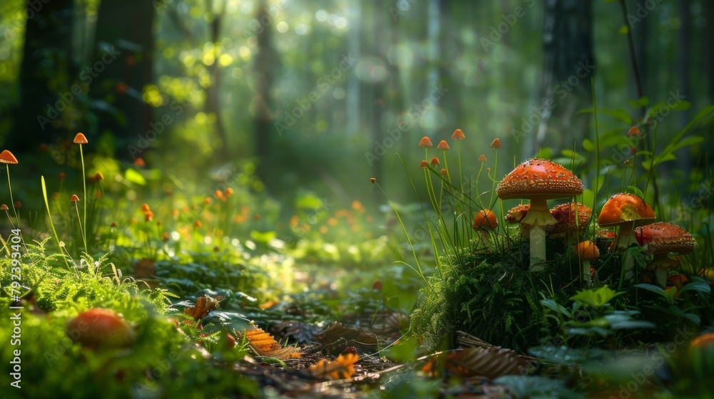 A tranquil forest clearing with delicate mushrooms peeking through the undergrowth A tranquil forest clearing with delicate mushrooms peeking through the undergrowth