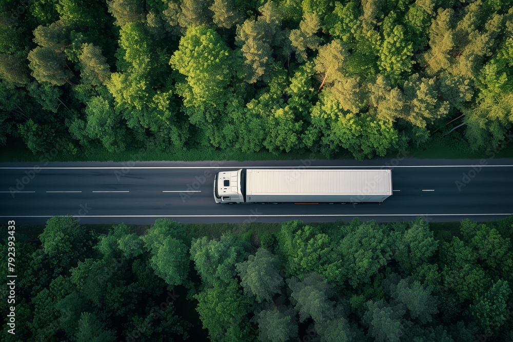 Obraz premium Large freight transporter semi truck driving on highway road moving through green forest with cargo semi trailer