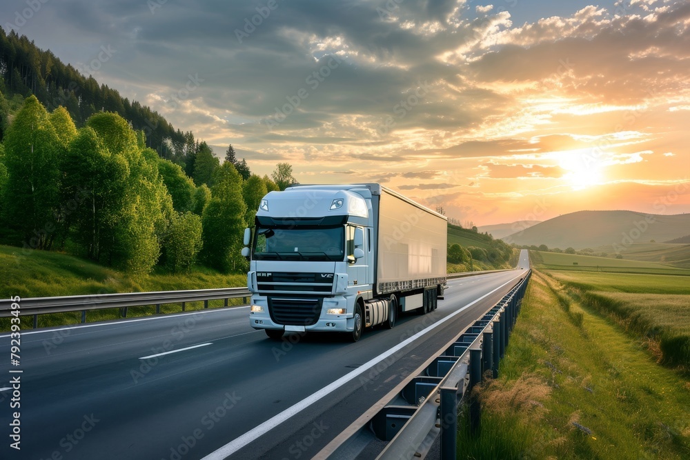Large white truck traveling on a rural highway Large white truck traveling on a rural highway