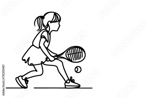 One continuous black line hand drawing of child playing tennis Doodle linear drawing man cartoon player on white. vector