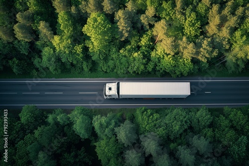 Large freight transporter semi truck driving on highway road moving through green forest with cargo semi trailer © LimeSky