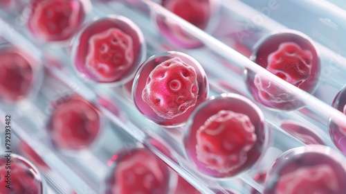 Closeup of a test tube containing multiple genetically identical cells showcasing the potential of theutic cloning in creating an unlimited supply of cells for medical treatments. . photo