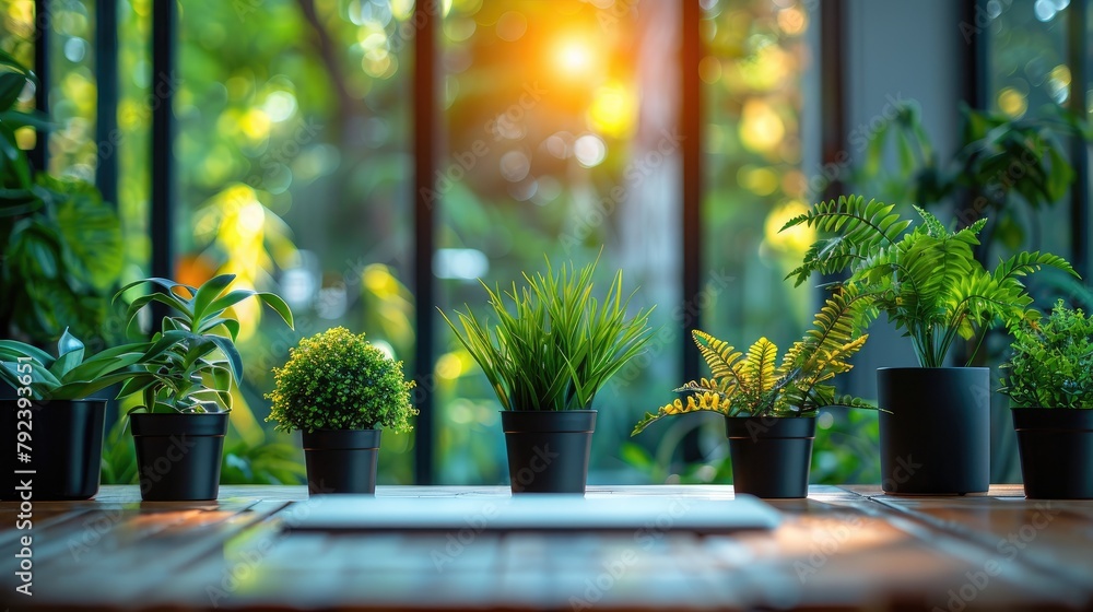 © Emile - office space with lush green plants sustainable and nature friendly corporate environment workspace for business productivity and employee wellbeing environmental responsibility stock photo