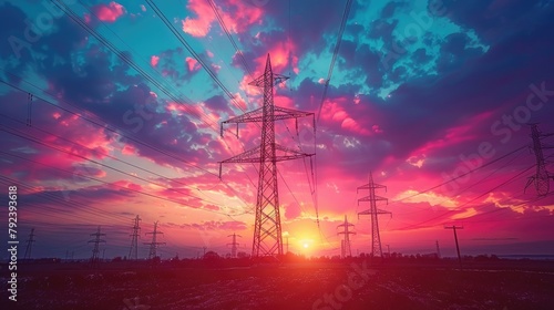 silhouette of high voltage electric tower on sunset time background stock photo