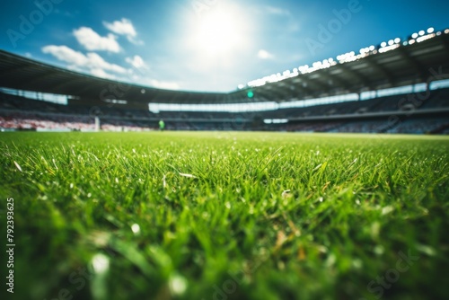 An empty soccer stadium captured with lush green grass