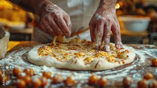 pizza process dough preparation close up shots of the hands kneading and stretching pizza dough on a floured surface emphasizing the tactile and hands on nature of the process,art image