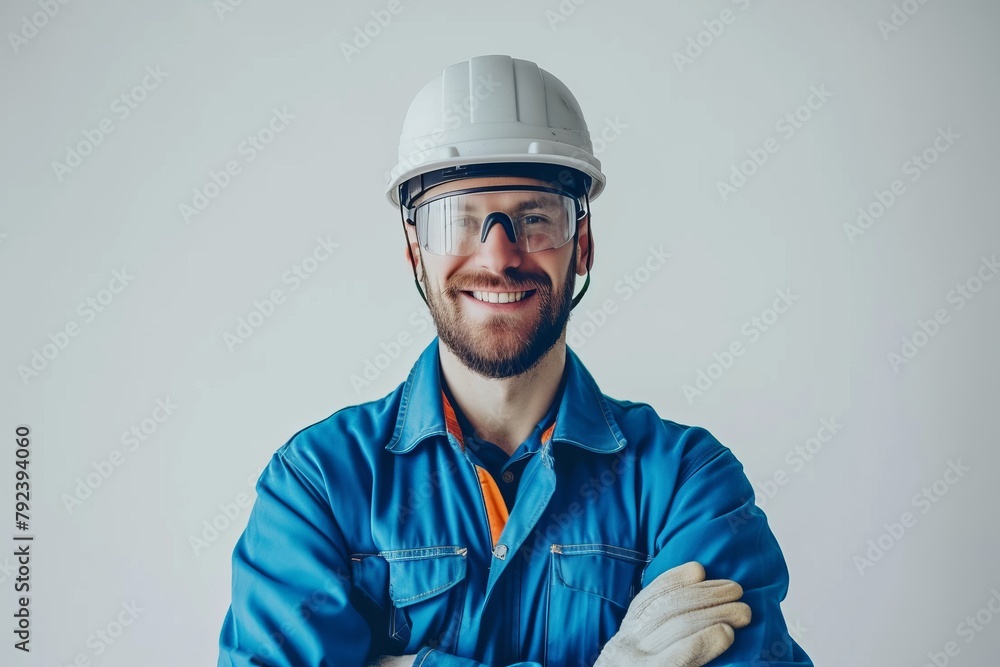 Male worker or builder in helmet and goggles happy and smiling with crossed arms over a white background representing the construction profession Male worker or builder in helmet and goggles happy and smiling with crossed arms over a white background representing the construction profession