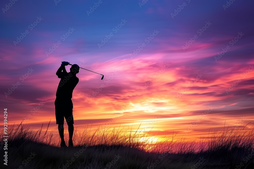 Man playing golf at vibrant sunset silhouette