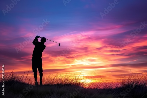 Man playing golf at vibrant sunset silhouette