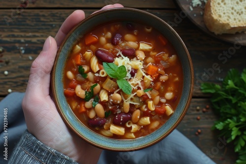 Minestrone Soup with pasta beans and veggies in a bowl