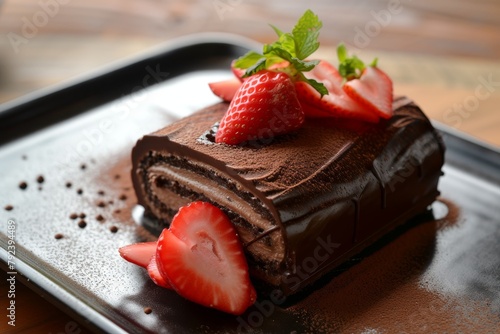 Mini chocolate log cake with strawberry slice