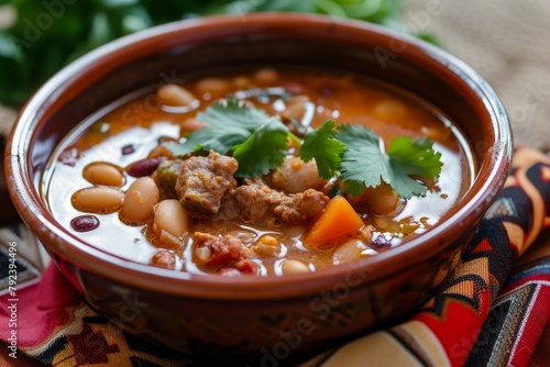 Minestrone soup with crackers on a rustic background